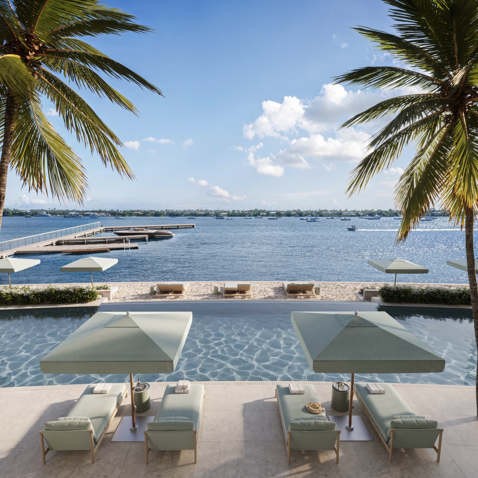 The pool terrace view at Mandarin Oriental Residences West Palm Beach, rendering